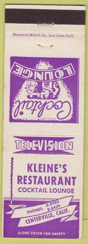 Matchbook Cover - Kleine's Restaurant Cenverville CA