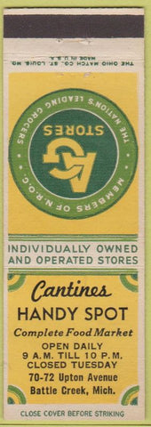 Matchbook Cover - AG Grocery Cantines Handy Spot Battle Creek MI
