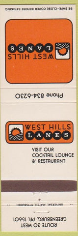 Matchbook Cover - West Hills Lanes Bowling Greensburg PA