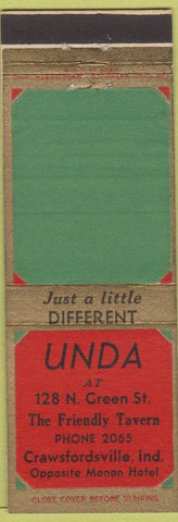 Matchbook Cover - Unda Tavern Crawsfordsville IN