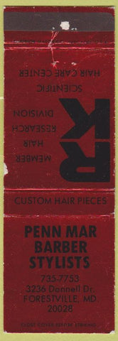 Matchbook Cover - Penn Mar Barber Shop Forestville MD WORN