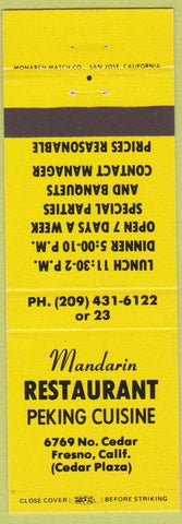 Matchbook Cover - Mandarin Restaurant Chinese Restaurant Fresno CA yellow