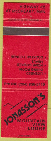 Matchbook Cover - Jonasson's Mountain View Lodge McCreary MB
