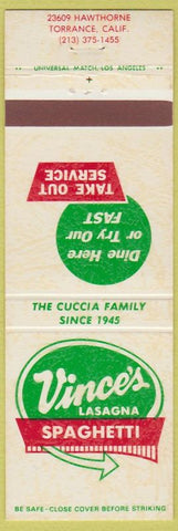 Matchbook Cover - Vince's Lasagna Spaghetti Torrance CA