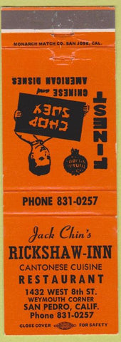 Matchbook Cover - Jack Chin's Rickshaw Inn Chinese San Pedro CA