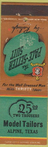 Matchbook Cover - Pace Setter Suits Model Tailors Alpine TX