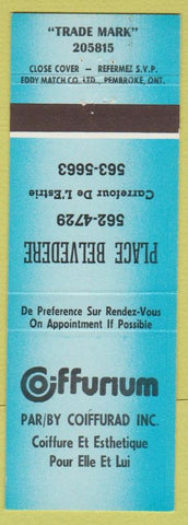 Matchbook Cover - Coiffurium Place Belvedere Sherbrooke? QC blue