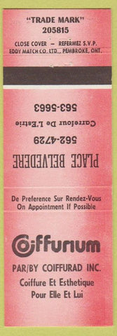 Matchbook Cover - Coiffurium Place Belvedere Sherbrooke? QC red