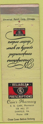 Matchbook Cover - Cain's Pharmacy Drugs Danville PA WEAR
