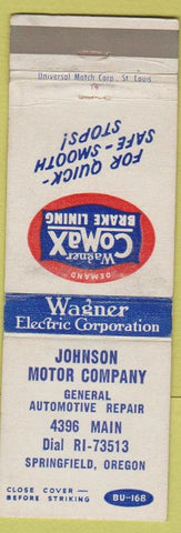 Matchbook Cover - Johnson Motor Co Springfield OR Comax Brake Lines WEAR