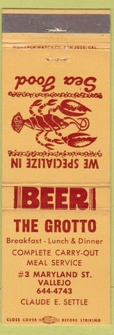 Matchbook Cover - The Grotto Vallejo CA lobster seafood