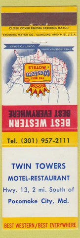 Matchbook Cover - Best Western Twin Towers Motel Pocomoke City MD