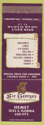 Matchbook Cover - Sir George's Smorgasbord House Hemet CA