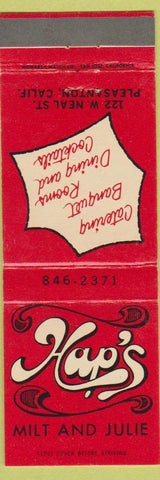 Matchbook Cover - Hap's Rstaurant Pleasanton CA