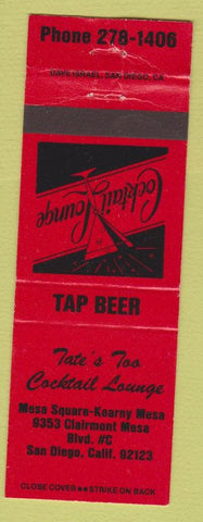 Matchbook Cover - Tate's Too Cocktail Lounge San Diego CA