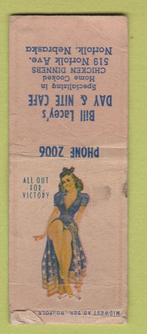 Matchbook Cover - Bill Lacey's Nite Cafe Norfolk NE WORN pinup BOBTAIL