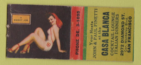 Matchbook Cover - Casa Blanca Italian San Francisco CA WORN pinup BOBTAIL