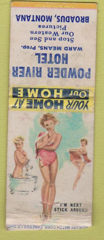 Matchbook Cover - Powder River Hotel Broadus MT WORN pinup BOBTAIL