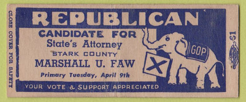 Matchbook Cover - Marshall U Faw State's Attorney fulton IL BOBTAIL