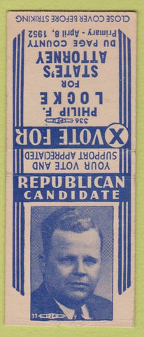 Matchbook Cover - Philip Locke State Attorney Du Page County 1952 BOBTAIL