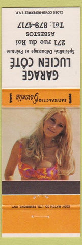 Matchbook Cover - Garage Lucien Cote Asbestos QC pinup orange