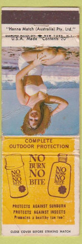 Matchbook Cover - Suntan lotion Austrailia No Burn No Bite pinup Australia POOR