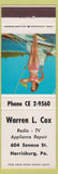 Matchbook Cover - Warren Cox Radio TV Repair Harrisburg PA pinup