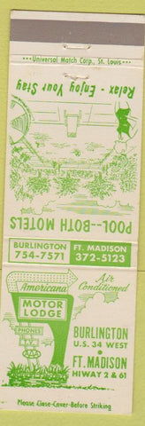 Matchbook Cover - Americana Motor Lodge Burlington Fort Madison IA girlie #4021