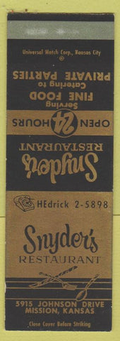 Matchbook Cover - Snyder's Restaurant Mission KS SAMPLE'