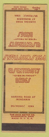 Matchbook Cover - Eisentraut's Drugs Des Moines IA FOR SAFETY'