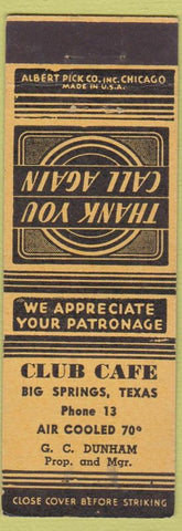 Matchbook Cover - Club Cafe Big Springs TX Low Phone #