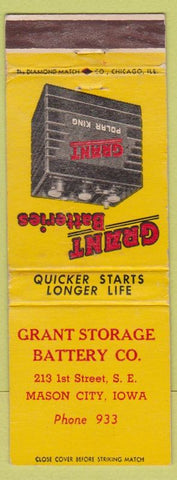 Matchbook Cover - Grant Car Batteries Mason City IA Low Phone #
