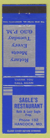 Matchbook Cover - Sagle's Restaurant Hancock MD Low Phone #'