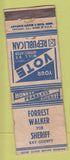 Matchbook Cover - Forrest Walker Sheriff Kay County OK WORN Advance