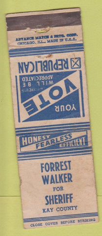 Matchbook Cover - Forrest Walker Sheriff Kay County OK WORN Advance