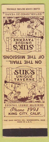 Matchbook Cover - Suk's Tavern King City CA girlie'