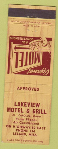 Matchbook Cover - Lakeview Motel Grill Leland MS Low Phone # WEAR