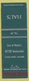 Matchbook Cover - Hal's Oakland ME restaurant Low Phone #'