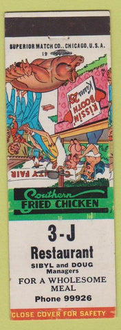 Matchbook Cover - 3J Restaurant Fried Chicken NO TOWN hillbilly