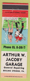 Matchbook Cover - Arthur Jacoby Garage Boiling Springs PA hillbilly