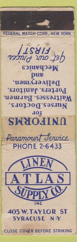 Matchbook Cover - Atlas Linen Supply Syracuse NY FEDERAL LONG WORN