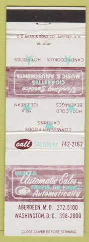 Matchbook Cover - United Vending Sales Juke Boxes amusements Aberdeen MD