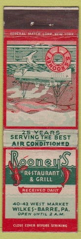 Matchbook Cover - Rooney's Restaurant Wilkes Barre PA lobster Federal'