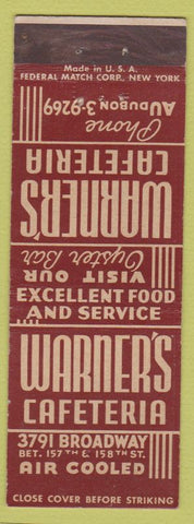 Matchbook Cover - Warner's Cafeteria NYC Fedreal'