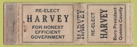 Matchbook Cover - Harvey Election Borough NYC? Queenw FEDERAL LONG WORN