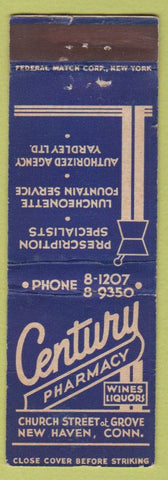 Matchbook Cover - Century Pharmacy New Haven CT FEDERAL LONG