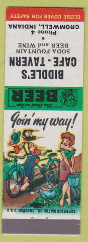Matchbook Cover - Biddle's Cafe Tavern Cromwell IN Low Phone # Hillbilly