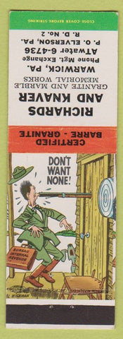 Matchbook Cover - Richards and Knaver Tombstones Warwick PA Elverson Hillbilly