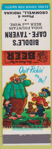 Matchbook Cover - Biddle's Cafe Tavern Cromwell IN Low Phone # Hillbilly