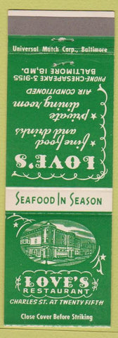 Matchbook Cover - Love's Restaurant Baltimore MD'